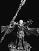 An unpainted pewter miniature of Eloryn Vale — a hooded, robed figure with arms outstretched, holding a long ornate staff crowned by a pointed crystal, heavy flowing robes curled at the hem, standing on a round base