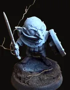 An unpainted miniature of Rollo — a small svirfneblin with a wide bald head and oversized ears, sword raised in one hand and a round shield held at the ready in the other, standing in a battle-ready crouch on a dark textured round base