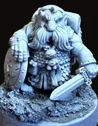 An unpainted resin miniature of Thorek — a stocky, bearded dwarven figure in heavy scaled armor and a heavy fur cloak, holding a sword at rest across his body, standing on an oval scenic base