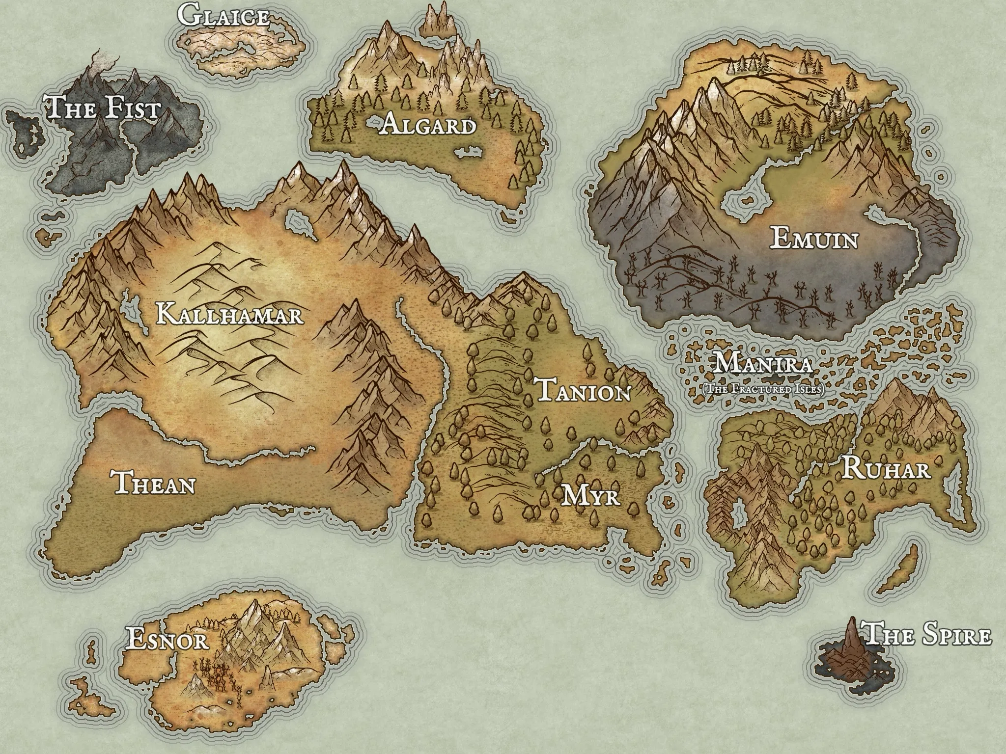 A hand-drawn map of the known world, showing twelve countries: Glaice, The Fist, Algard, Kallhamar, Thean, Tanion, Myr, Emuin, Manira, Ruhar, Esnor, and the Spire